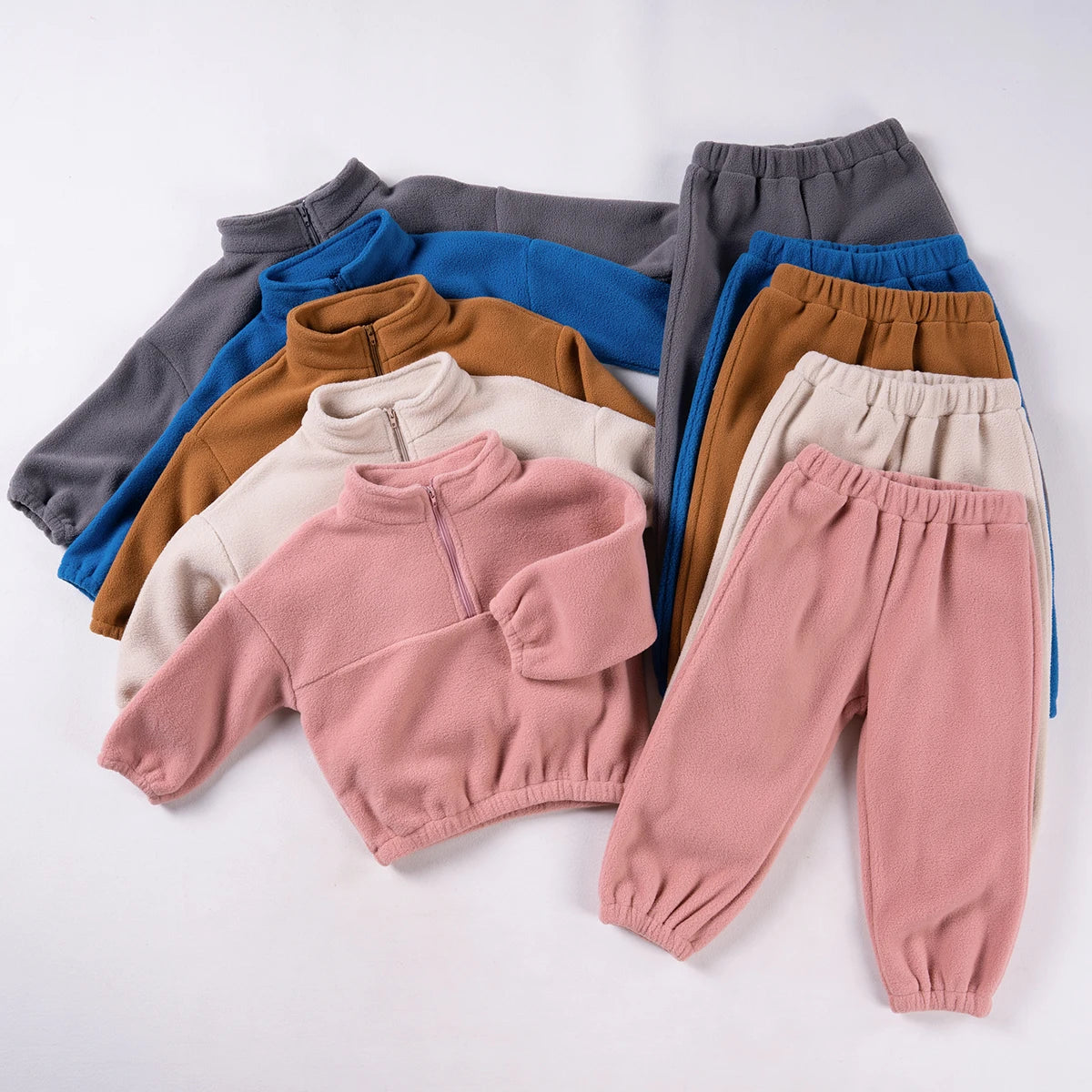 Winter New Toddler Solid Colour Warm Suit Boys Girls Long Sleeve Zip Up Sports Top + Drawstring Trousers 2pcs Daily Wear Casual