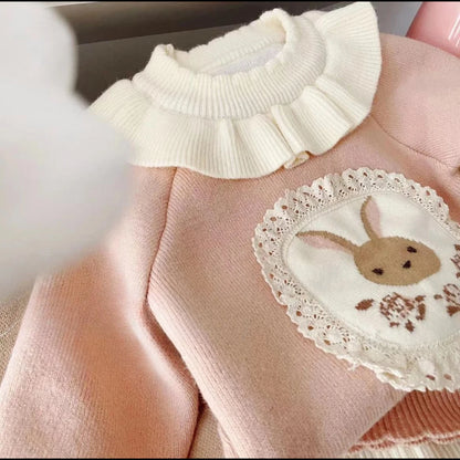 Kids Girls Cute Sweater Sets Ruched O-neck Rabbit Print Knitting Shirt+Elastic Waist Beige Split Fleece Pants Two Pieces Suits