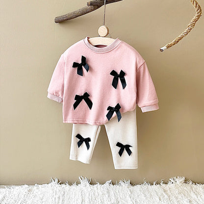 2025 Spring Newborn Baby Girls Infant Suit Long Sleeved Bow Sweatshirt Top+Pants All Cotton Baby Girl Clothes Stylish Sets 0-3Y