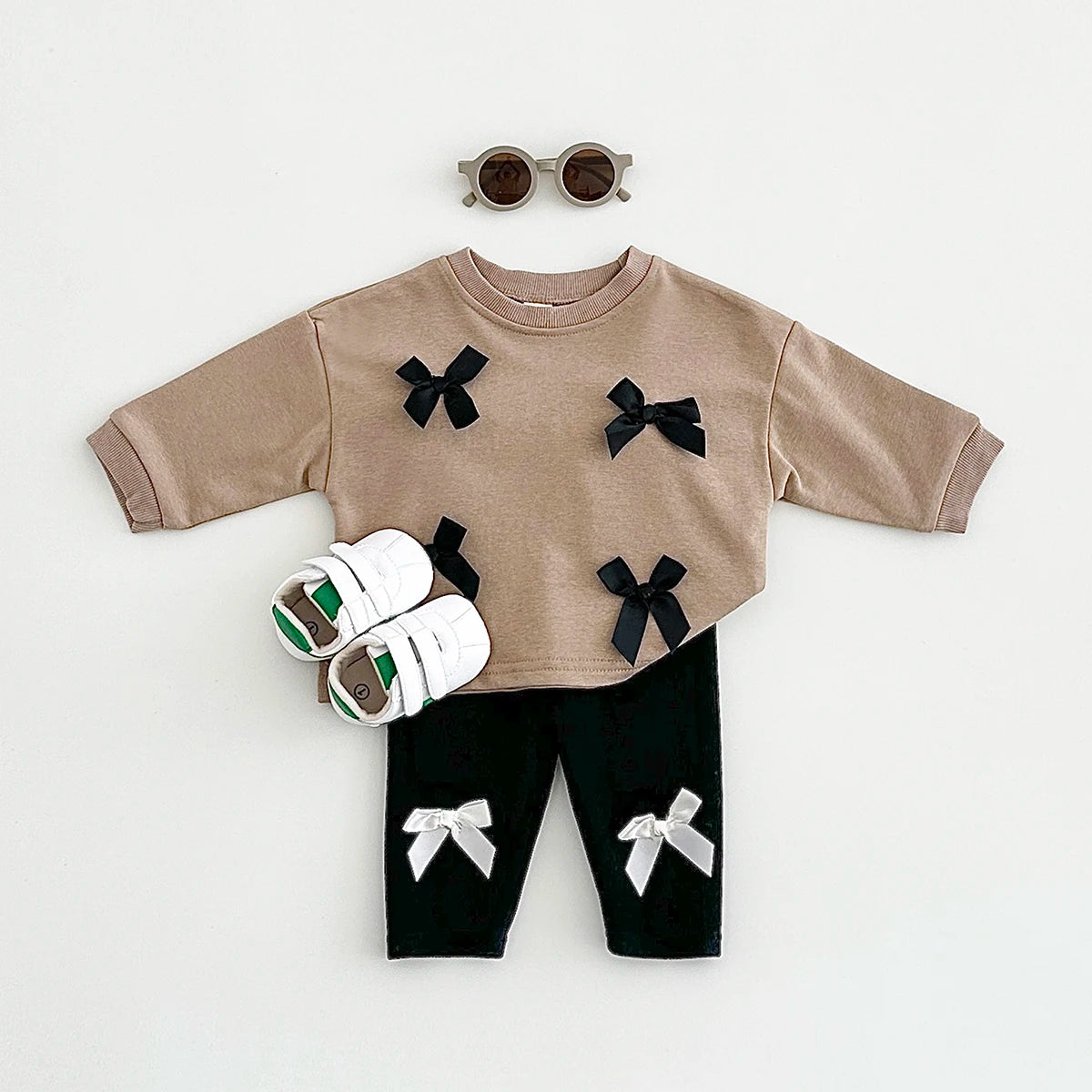 2025 Spring Newborn Baby Girls Infant Suit Long Sleeved Bow Sweatshirt Top+Pants All Cotton Baby Girl Clothes Stylish Sets 0-3Y