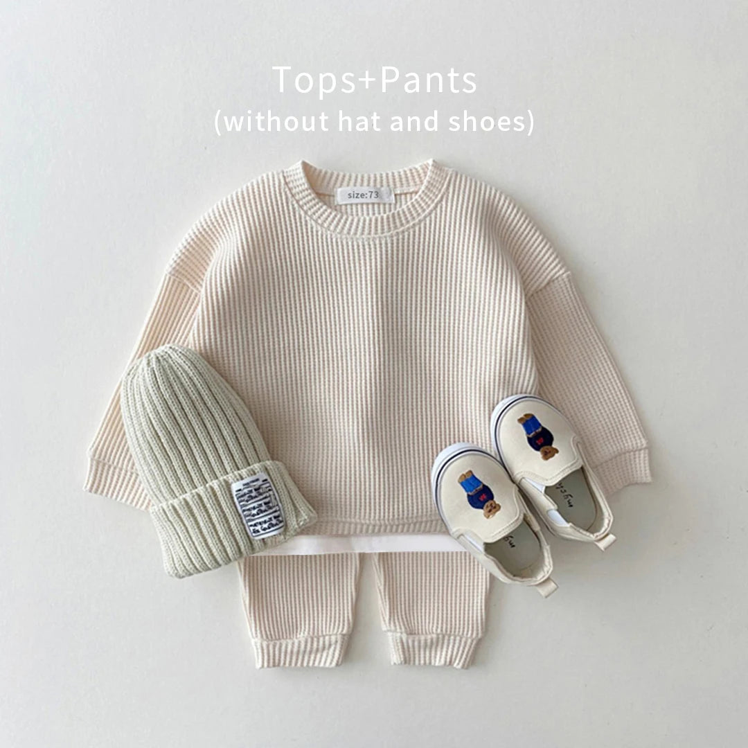 Korean Baby Clothing Sets Waffle Cotton Kids Boys Girls Clothes Spring Autumn Loose Tracksuit Pullovers Tops+Pants 2PCS Sets