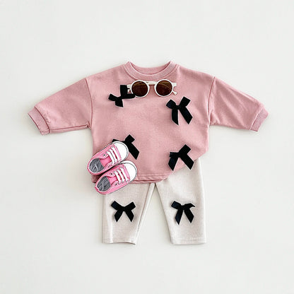 2025 Spring Newborn Baby Girls Infant Suit Long Sleeved Bow Sweatshirt Top+Pants All Cotton Baby Girl Clothes Stylish Sets 0-3Y