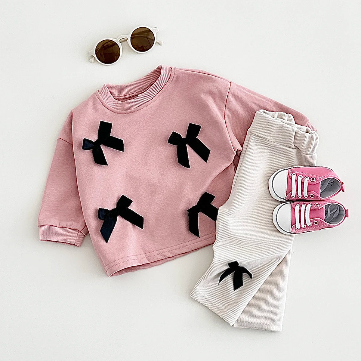 2025 Spring Newborn Baby Girls Infant Suit Long Sleeved Bow Sweatshirt Top+Pants All Cotton Baby Girl Clothes Stylish Sets 0-3Y