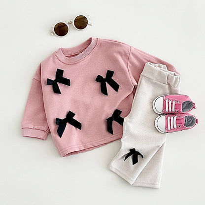 2025 Spring Newborn Baby Girls Infant Suit Long Sleeved Bow Sweatshirt Top+Pants All Cotton Baby Girl Clothes Stylish Sets 0-3Y