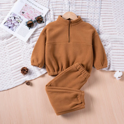 Winter New Toddler Solid Colour Warm Suit Boys Girls Long Sleeve Zip Up Sports Top + Drawstring Trousers 2pcs Daily Wear Casual