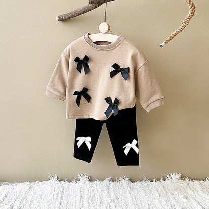 2025 Spring Newborn Baby Girls Infant Suit Long Sleeved Bow Sweatshirt Top+Pants All Cotton Baby Girl Clothes Stylish Sets 0-3Y