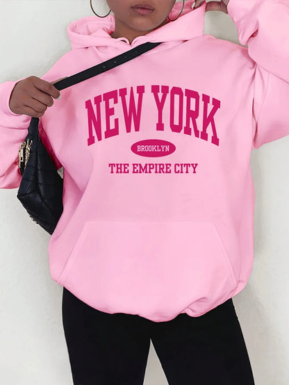 New York Print Hoodie Sweatshirt Active Sweatshirts Women Casual Pullover with Pocket Long Sleeve Fit Clothes Outdoors Shirt