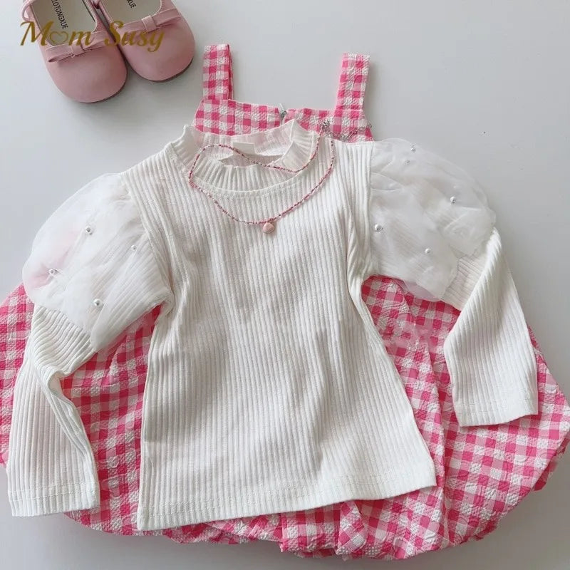 Baby Girl Cotton Tshirt Long Puff Sleeve Infant Toddler Child Pearl Beading Top Tshirt Round Neck Sweatshirt Baby Clothes 1-10Y