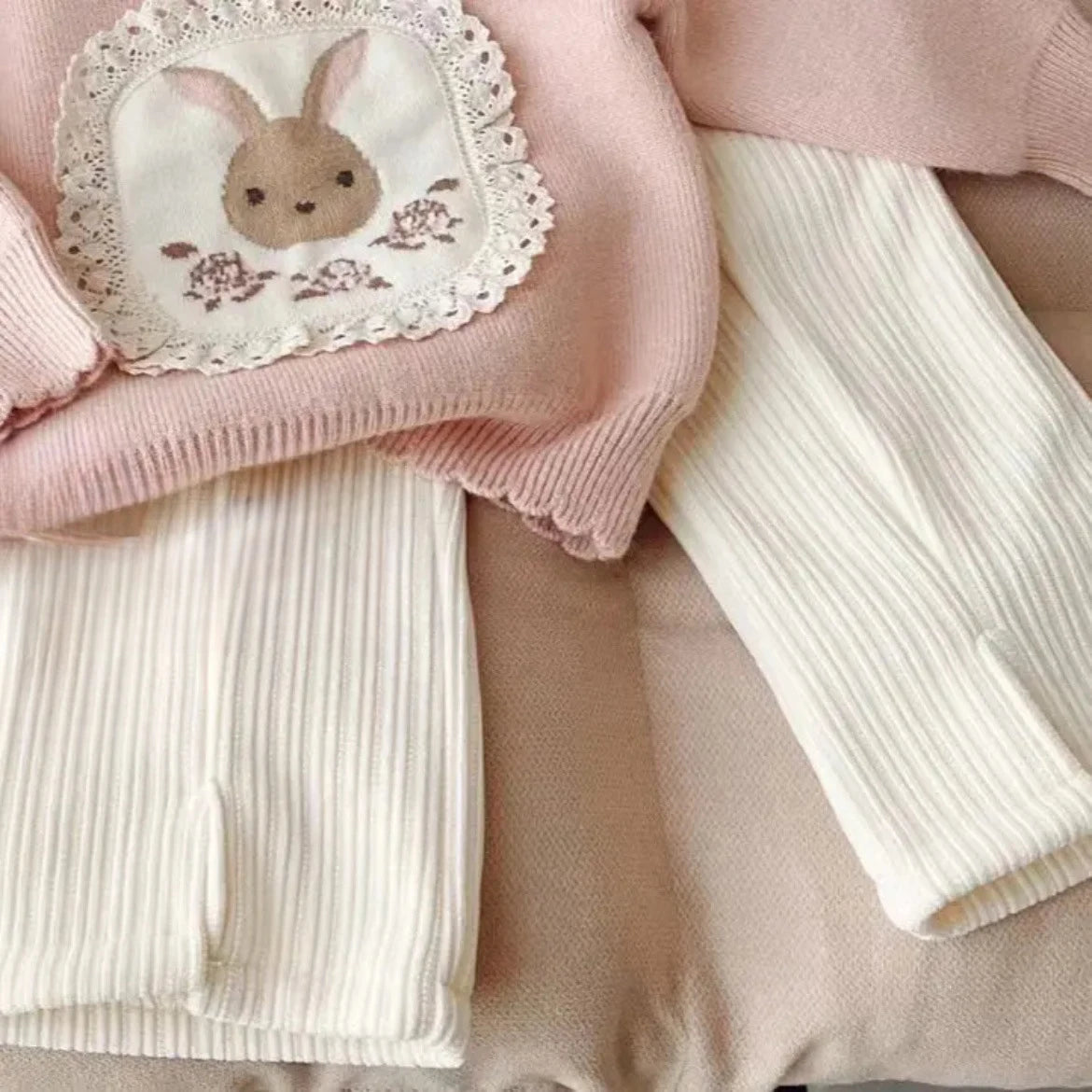 Kids Girls Cute Sweater Sets Ruched O-neck Rabbit Print Knitting Shirt+Elastic Waist Beige Split Fleece Pants Two Pieces Suits