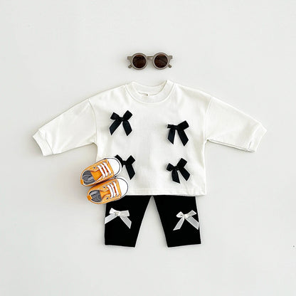 2025 Spring Newborn Baby Girls Infant Suit Long Sleeved Bow Sweatshirt Top+Pants All Cotton Baby Girl Clothes Stylish Sets 0-3Y