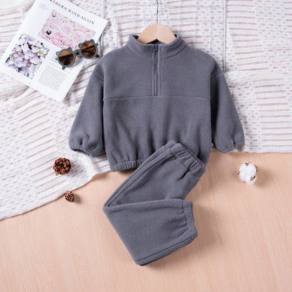 Winter New Toddler Solid Colour Warm Suit Boys Girls Long Sleeve Zip Up Sports Top + Drawstring Trousers 2pcs Daily Wear Casual