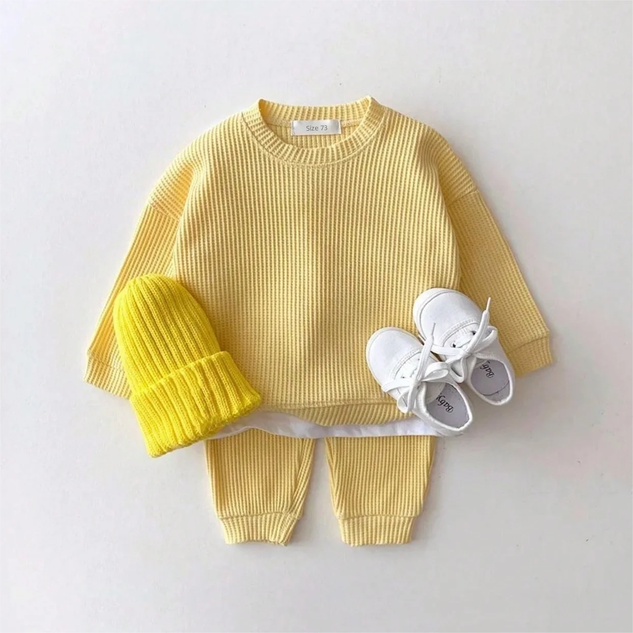 Korean Baby Clothing Sets Waffle Cotton Kids Boys Girls Clothes Spring Autumn Loose Tracksuit Pullovers Tops+Pants 2PCS Sets