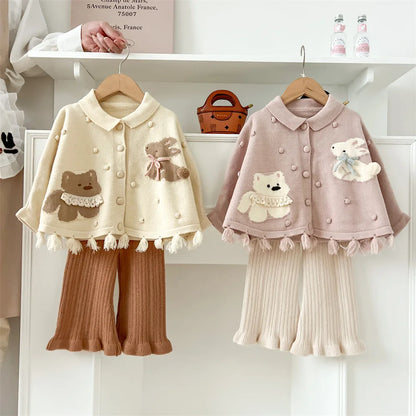 Autumn Winter Baby Girls Cartoon Sweater + Knitted Pants 2 Pcs Sets Kids Clothes Knitwear Toddler Girls Pullovers Outerwear Coat