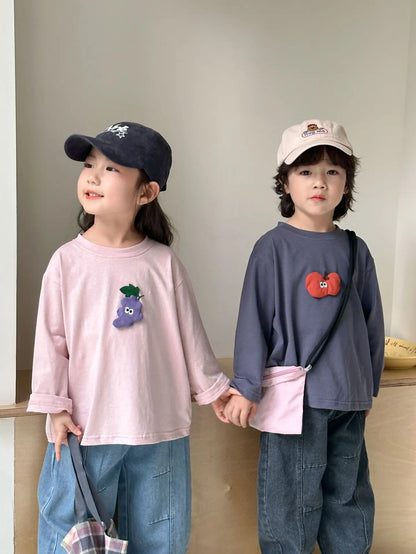 2025 Spring New Children Long Sleeve T Shirts Cotton Girls Cute Cartoon Tees Boys Casual Bottoming Shirts Solid Kids Clothes