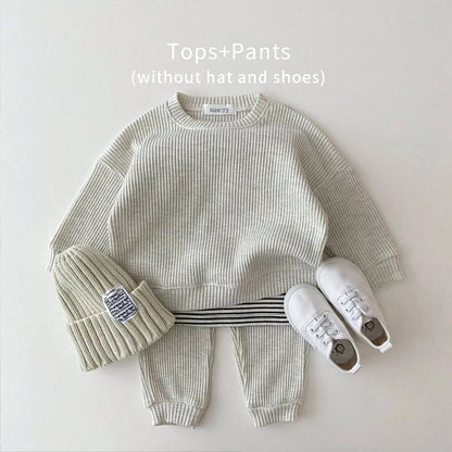 Korean Baby Clothing Sets Waffle Cotton Kids Boys Girls Clothes Spring Autumn Loose Tracksuit Pullovers Tops+Pants 2PCS Sets