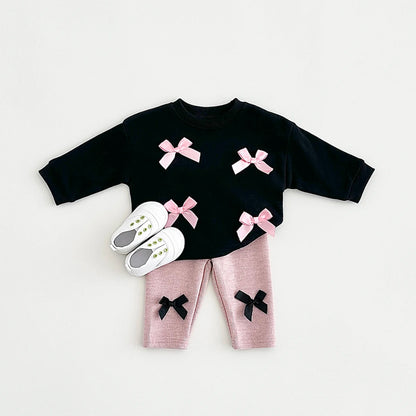 2025 Spring Newborn Baby Girls Infant Suit Long Sleeved Bow Sweatshirt Top+Pants All Cotton Baby Girl Clothes Stylish Sets 0-3Y