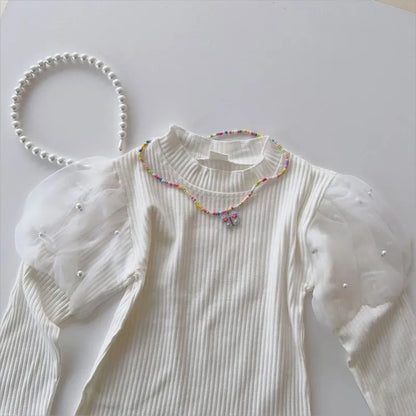 Baby Girl Cotton Tshirt Long Puff Sleeve Infant Toddler Child Pearl Beading Top Tshirt Round Neck Sweatshirt Baby Clothes 1-10Y