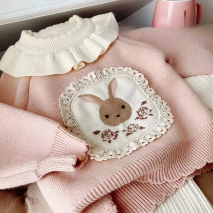 Kids Girls Cute Sweater Sets Ruched O-neck Rabbit Print Knitting Shirt+Elastic Waist Beige Split Fleece Pants Two Pieces Suits