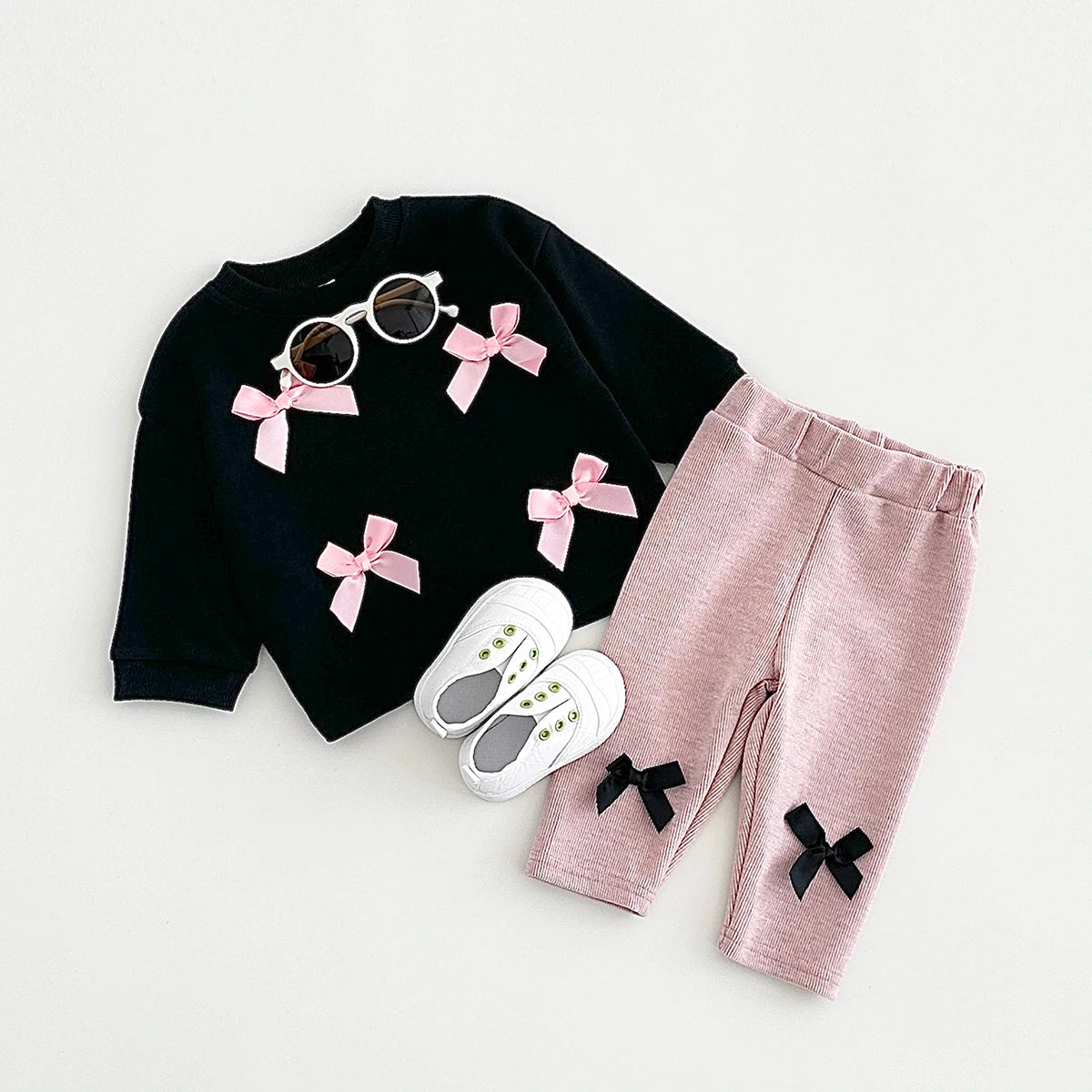 2025 Spring Newborn Baby Girls Infant Suit Long Sleeved Bow Sweatshirt Top+Pants All Cotton Baby Girl Clothes Stylish Sets 0-3Y